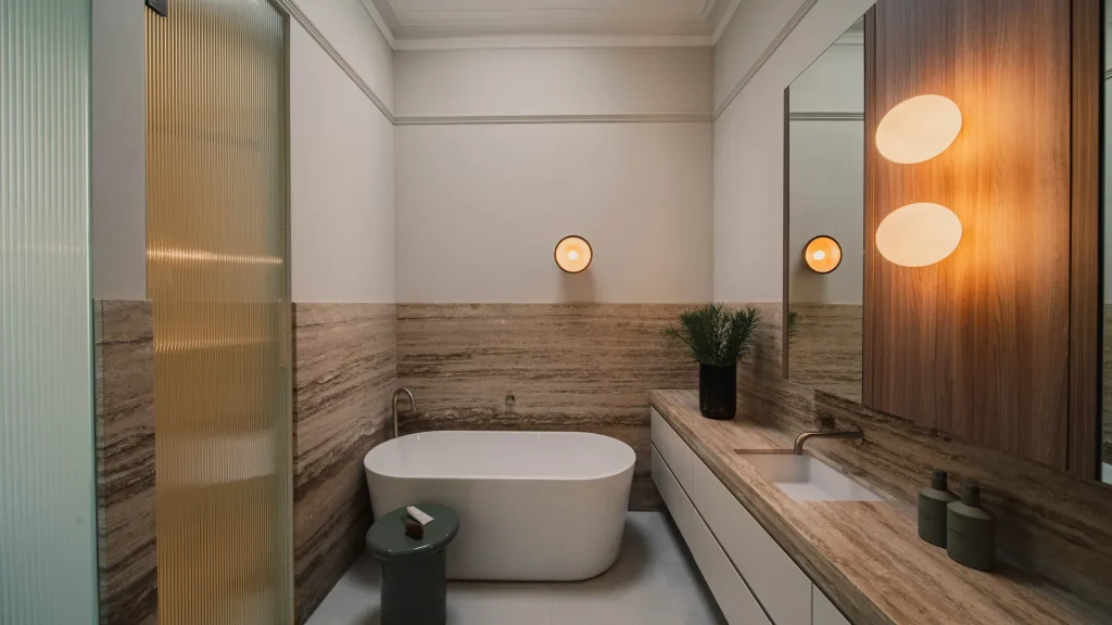alma luxury bathroom with marble and brass accents
