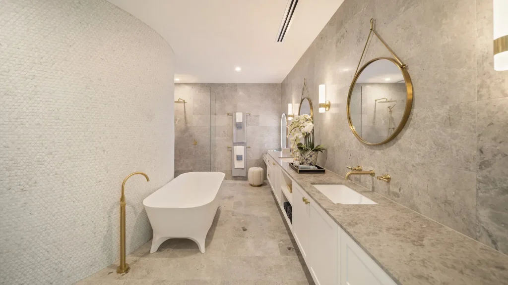 hamlyn luxury marble bathroom with freestanding tub