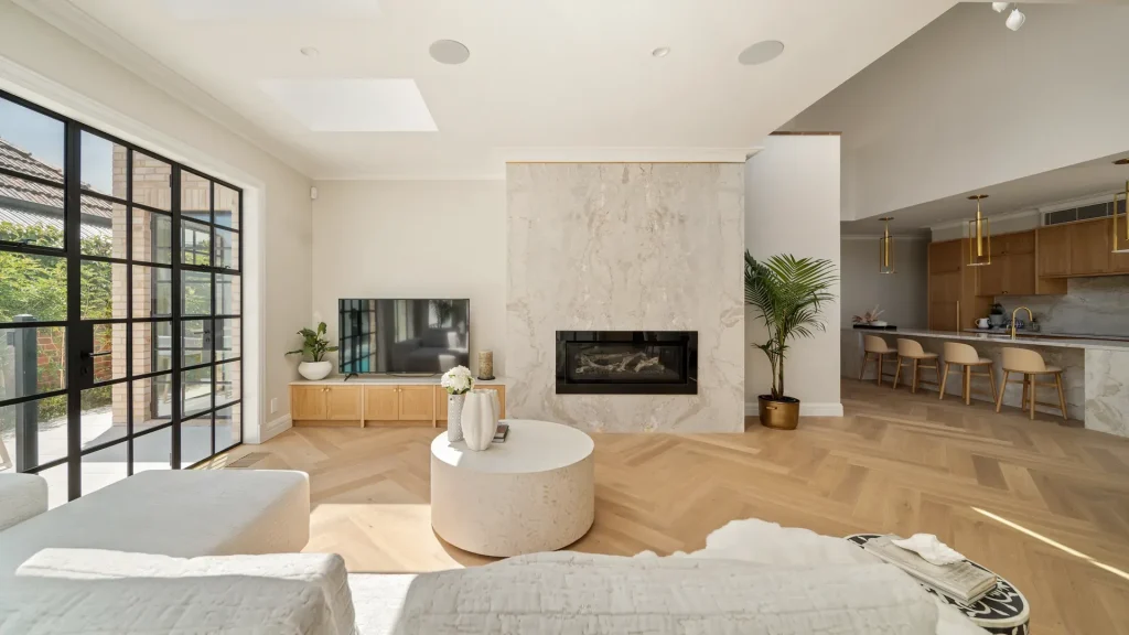 hamlyn luxury open plan living with marble fireplace