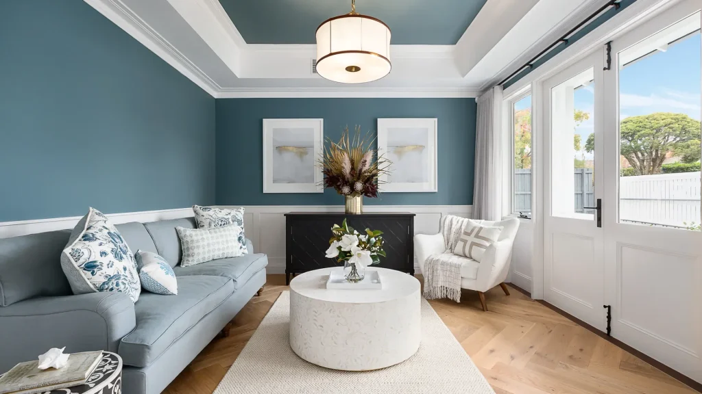 montauk luxury living room teal accent wall