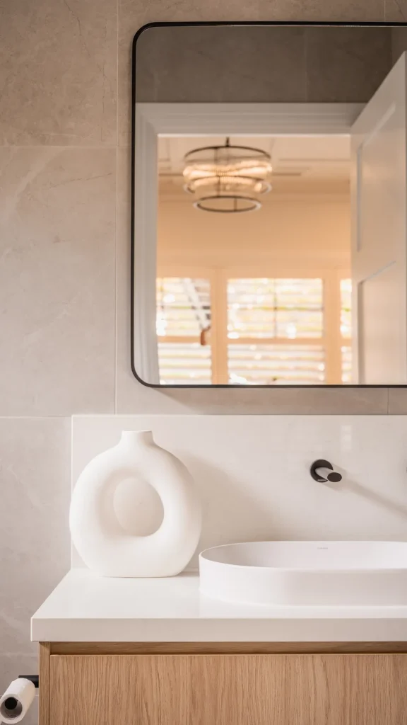 white gable luxury bathroom vanity with modern mirror